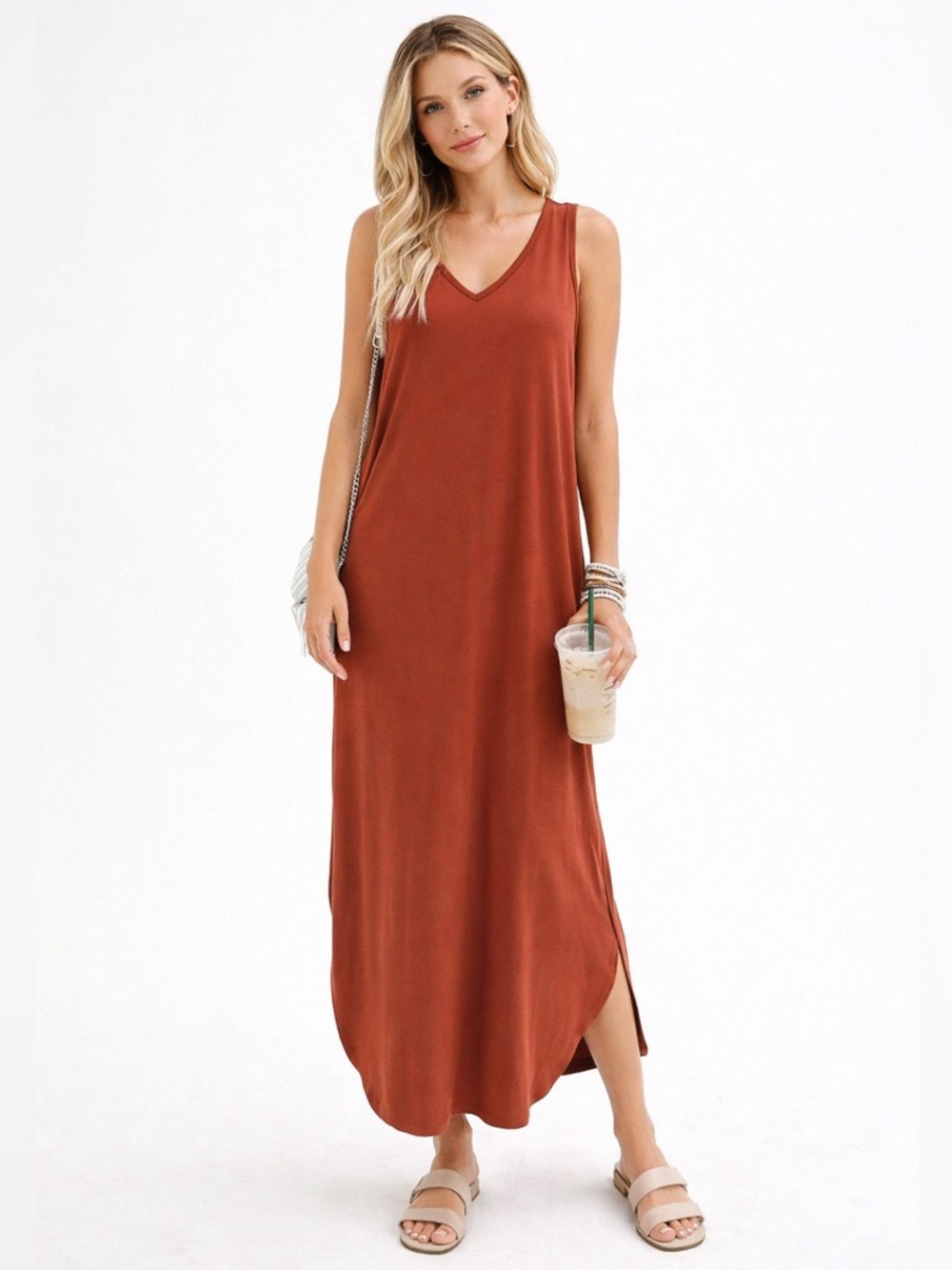 Amazon Essentials Rust Terracotta Maxi Dress L Sleeveless V Neck Travel Casual